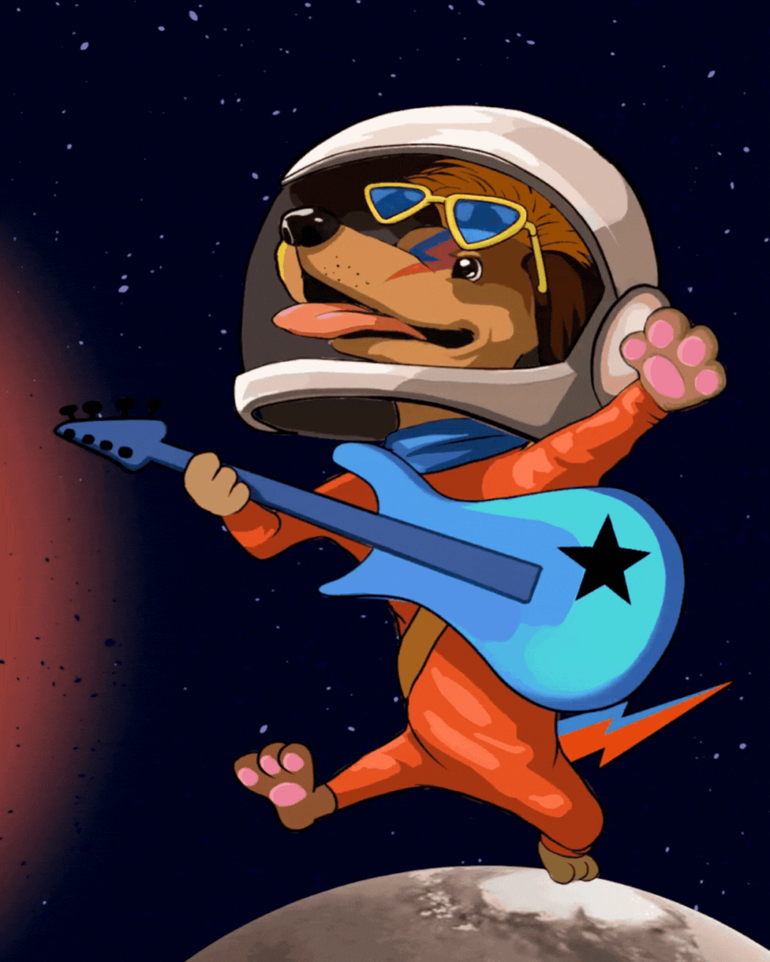 Bowie space dog playing guitar in space